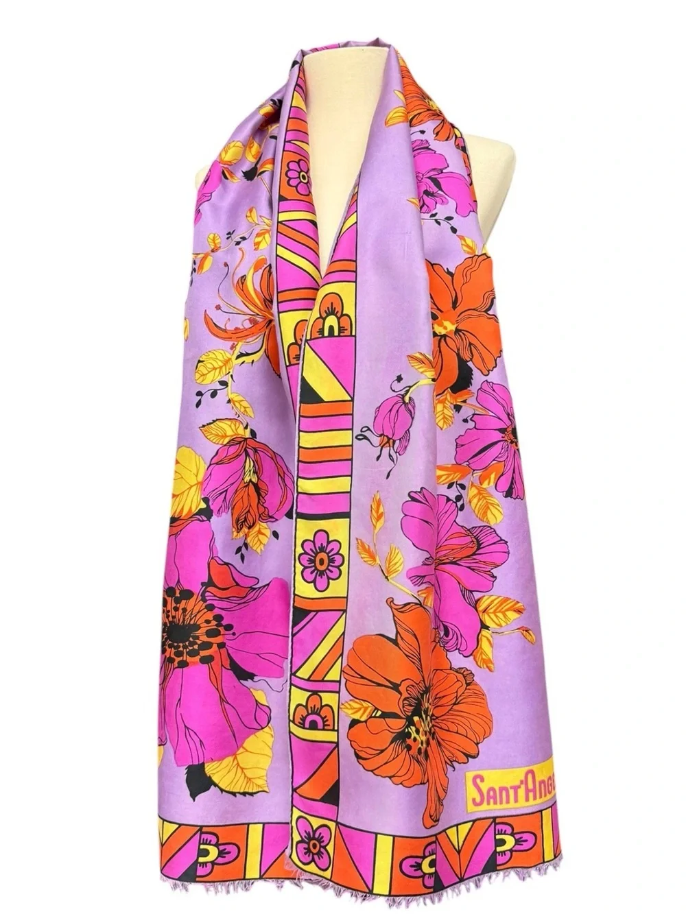 Sant’ Angelo Purple Floral Silk Scarf Luxury Vintage Mod 70s Tropical Floral